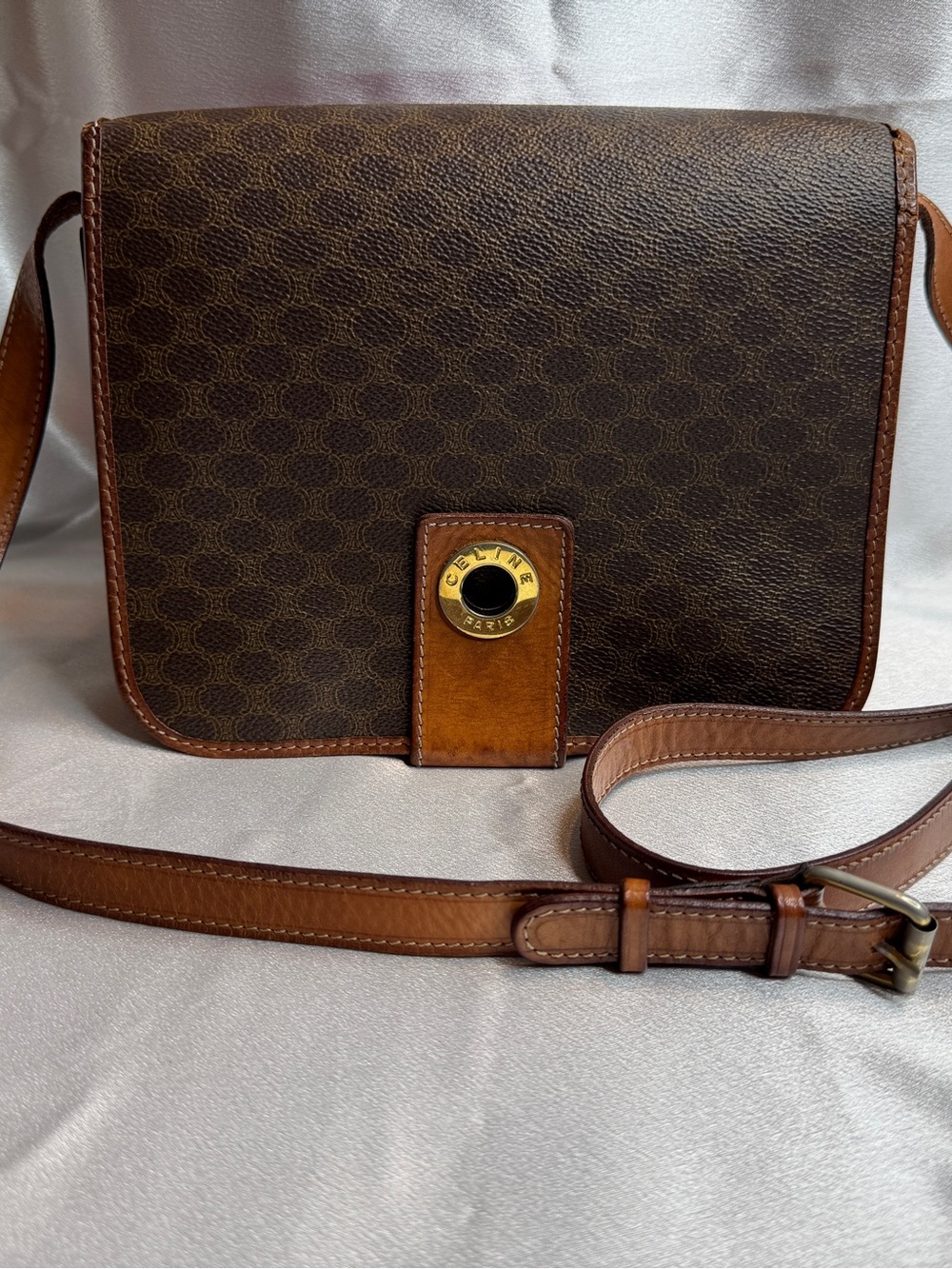Celine Brown Monogram Crossbody Bag with Tan Leather Trim
